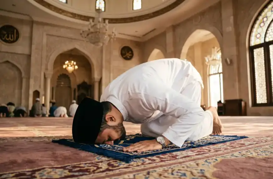 Pria Muslim memakai baju koko putih dan peci bersujud khusyuk saat melaksanakan ibadah shalat fardhu di atas sajadah masjid