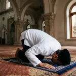 Seorang Muslim berpeci sedang sujud dalam shalat di masjid yang bersih dan terangSeorang Muslim berpeci sedang sujud dalam shalat di masjid yang bersih dan terang
