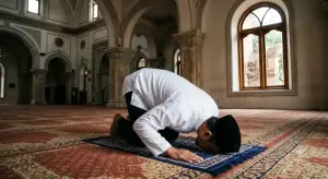 Kajian Fiqh Madzhab Syafi'i: Panduan Lengkap Hukum Islam, Doa, dan Tasawuf 3 Seorang Muslim berpeci sedang sujud dalam shalat di masjid yang bersih dan terangSeorang Muslim berpeci sedang sujud dalam shalat di masjid yang bersih dan terang