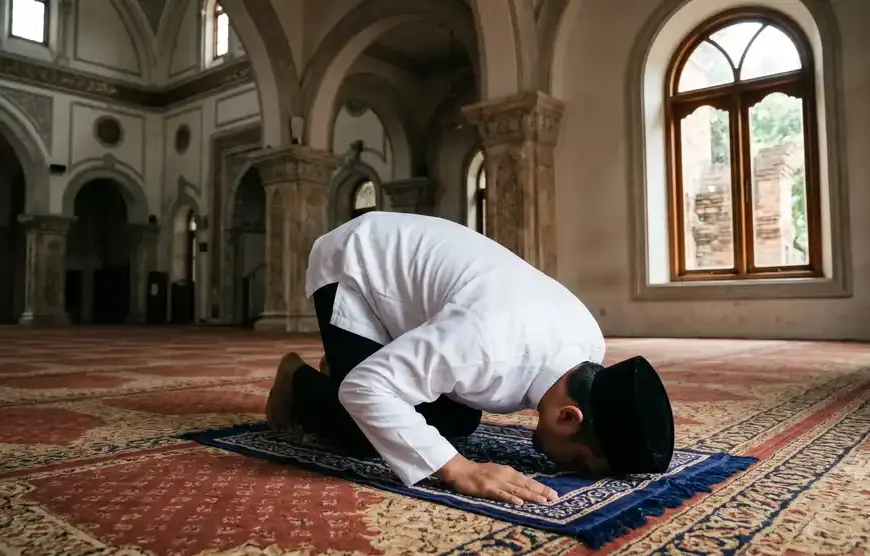 Kajian Fiqh Madzhab Syafi'i: Panduan Lengkap Hukum Islam, Doa, dan Tasawuf 11 Seorang Muslim berpeci sedang sujud dalam shalat di masjid yang bersih dan terangSeorang Muslim berpeci sedang sujud dalam shalat di masjid yang bersih dan terang