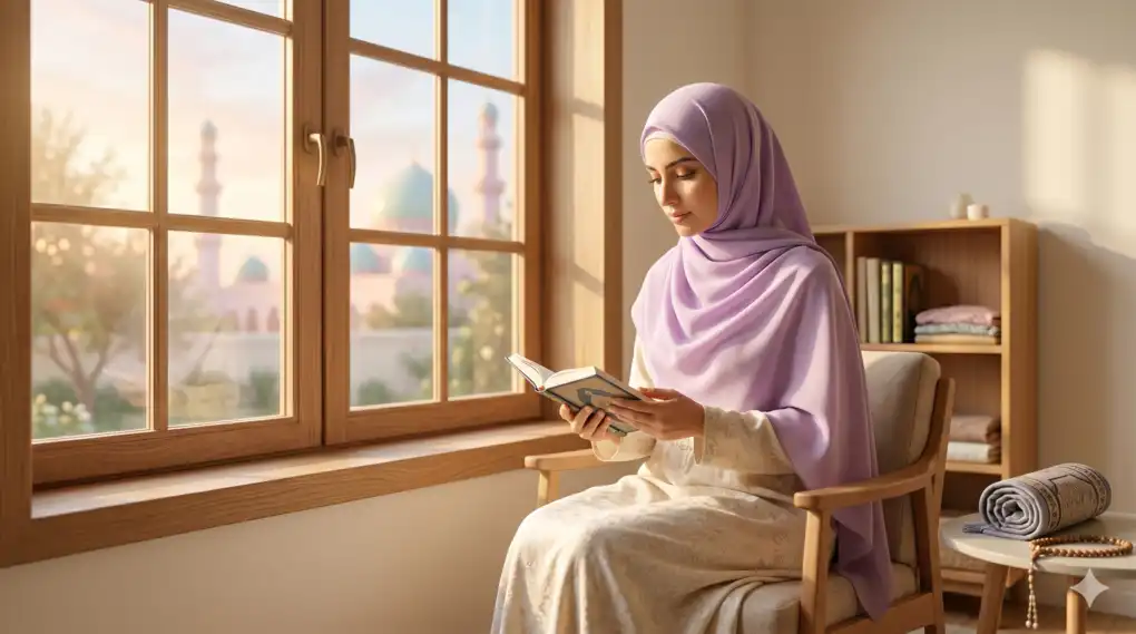 Innamal A'malu Binniyat: Arti, Tulisan Arab, dan Maknanya 2 Seorang Muslimah mengenakan hijab rapi duduk tenang di dekat jendela, sedang membaca buku dan merenung.