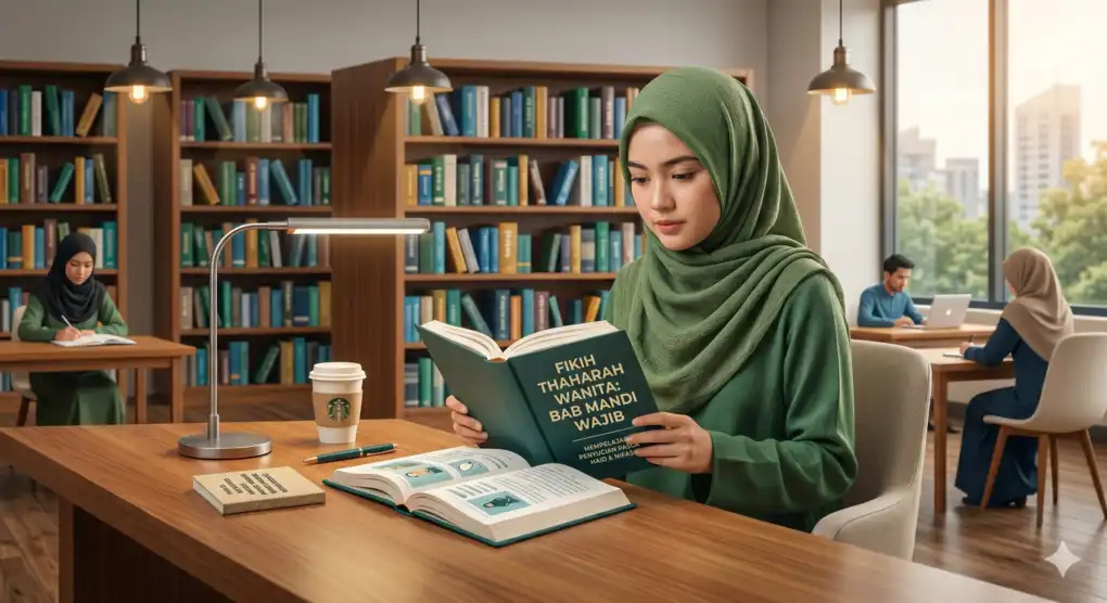 Kapan Waktu Membaca Niat Mandi Wajib yang Benar? Panduan Fikih Syafi'i 3 Muslimah berhijab syar'i sedang membaca buku panduan fikih thaharah wanita tentang mandi wajib di perpustakaan.