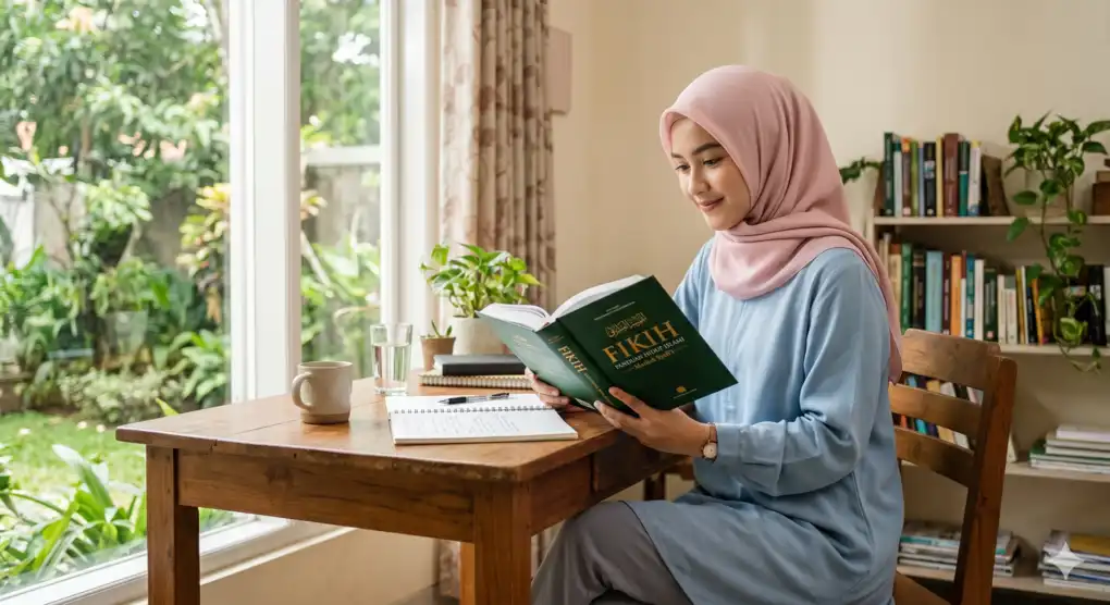 Muslim woman in hijab reading a fiqh book on menstruation prayer rulings
