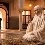 Seorang Muslimah memakai hijab rapi sedang duduk tahiyat dengan khusyuk di atas sajadah, sementara siluet seseorang mengucapkan salam dari ambang pintu.