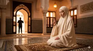 Kajian Fiqh Madzhab Syafi'i: Panduan Lengkap Hukum Islam, Doa, dan Tasawuf 3 Seorang Muslimah memakai hijab rapi sedang duduk tahiyat dengan khusyuk di atas sajadah, sementara siluet seseorang mengucapkan salam dari ambang pintu.