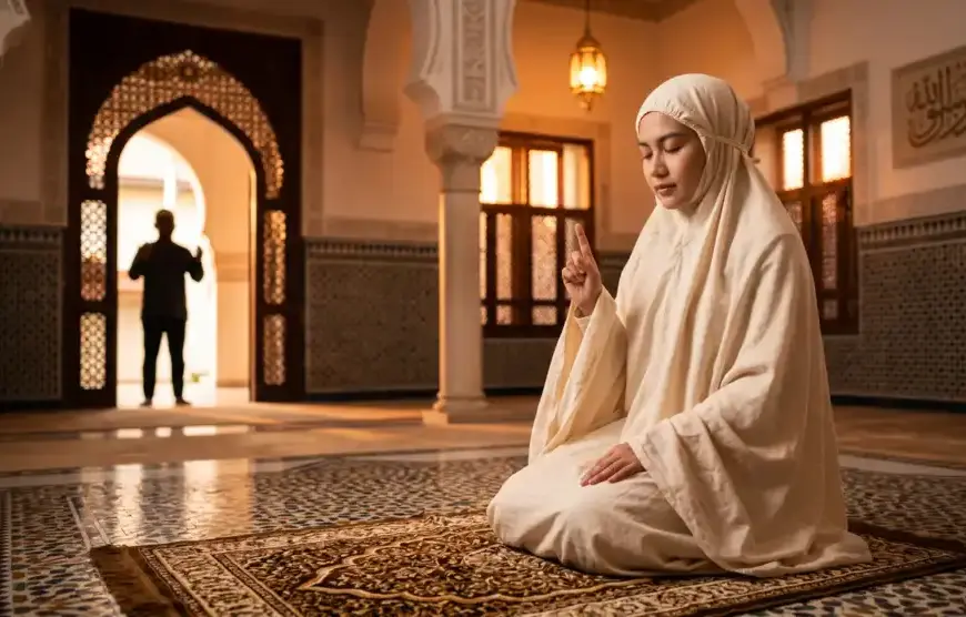 Seorang Muslimah memakai hijab rapi sedang duduk tahiyat dengan khusyuk di atas sajadah, sementara siluet seseorang mengucapkan salam dari ambang pintu.