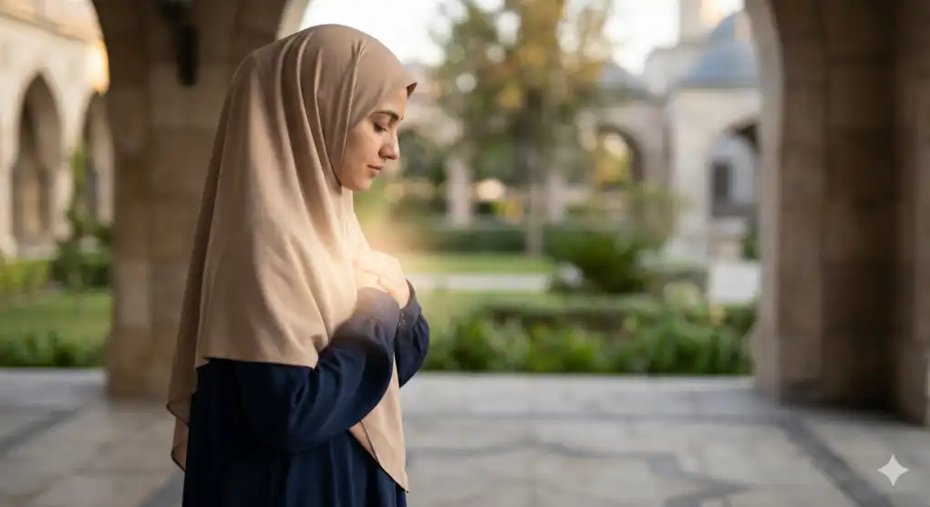 Muslimah berhijab syar'i menghadirkan niat mandi wajib di dalam hati.