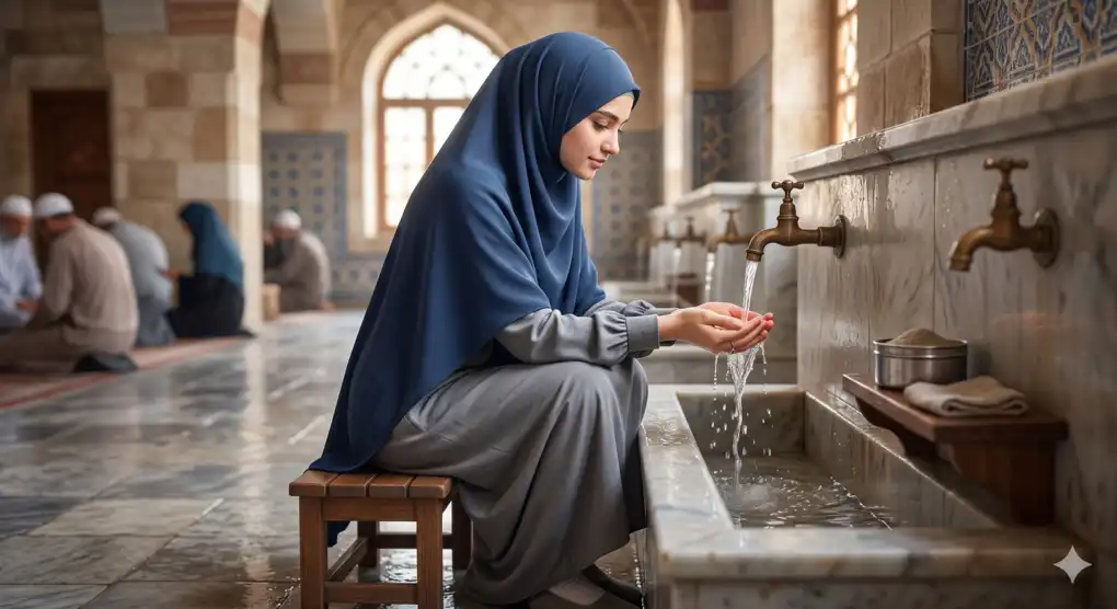 Ilustrasi realistis seorang Muslimah dengan pakaian rapi dan hijab panjang yang sedang mempraktikkan tata cara wudhu untuk menyucikan diri dari hadas kecil menggunakan air mengalir.