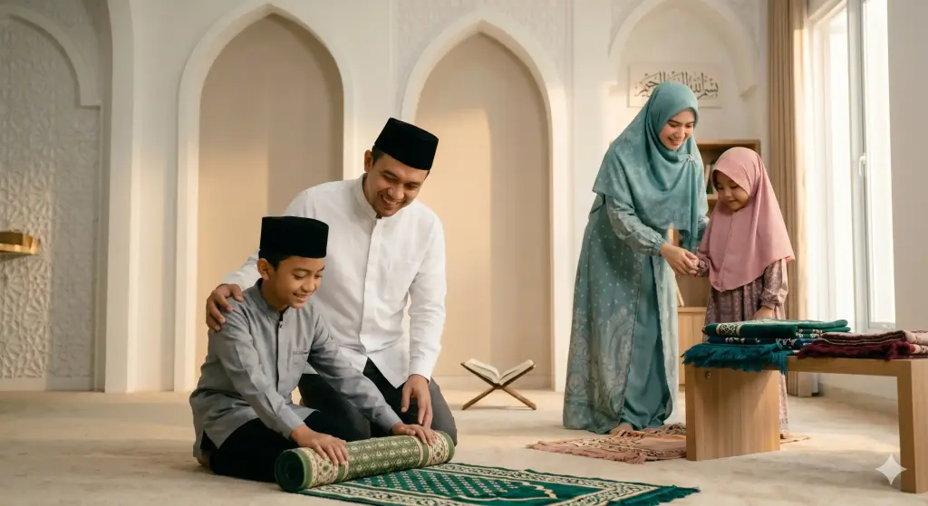 Syarat wajib shalat: Islam, Baligh, Berakal, dan Suci 2 Seorang ayah Muslim membimbing anak laki-laki berusia 7 tahun menggelar sajadah, sementara seorang ibu Muslim mengarahkan anak perempuannya berhijab rapi.