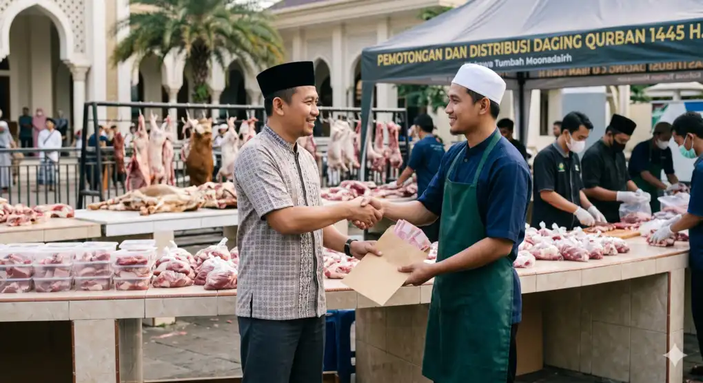 Ilustrasi ketua panitia qurban yang sedang menyerahkan upah berupa uang tunai kepada tukang potong hewan (jagal), sementara tumpukan daging qurban di latar belakang dibiarkan utuh dan tidak dijadikan alat pembayaran jasa.