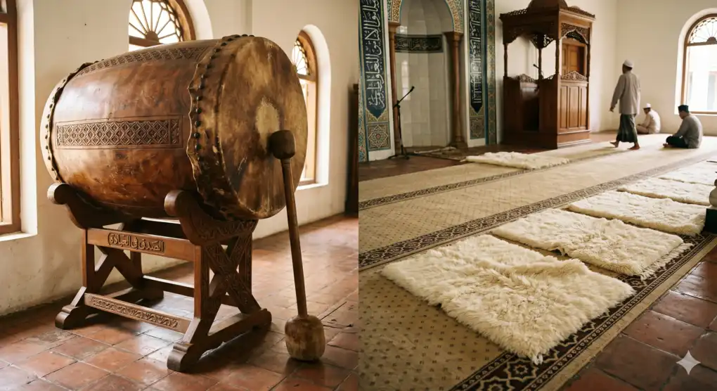 Gambar kerajinan kulit Islami yang menampilkan bedug masjid berbahan kulit sapi serta sajadah tebal dari bulu domba. Ini menunjukkan kebolehan mengambil manfaat langsung (intifa') dari bagian tubuh qurban tanpa melalui proses jual beli.