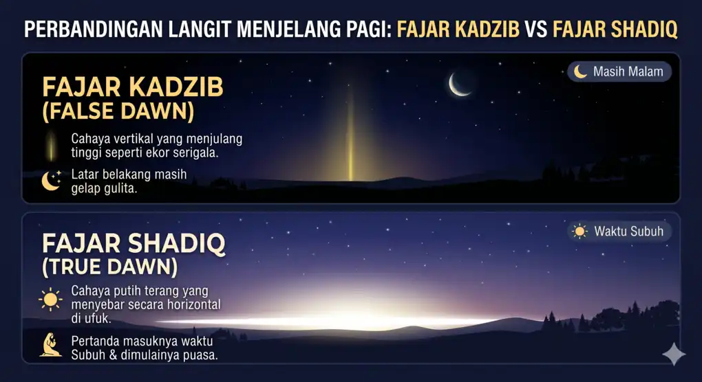 Penjelasan visual mengenai perbedaan fajar kadzib (false dawn) yang menyerupai ekor serigala dan fajar shadiq (true dawn) yang menjadi penanda sah batas akhir sahur dan masuknya shalat subuh.