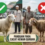 Ilustrasi perbandingan visual antara domba sehat yang memenuhi syarat sah qurban dengan domba cacat, kurus, dan berpenyakit yang diharamkan menurut syariat Islam.