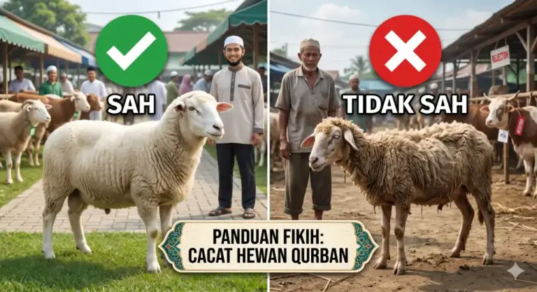 Kajian Fiqh Madzhab Syafi'i: Panduan Lengkap Hukum Islam, Doa, dan Tasawuf 7 Ilustrasi perbandingan visual antara domba sehat yang memenuhi syarat sah qurban dengan domba cacat, kurus, dan berpenyakit yang diharamkan menurut syariat Islam.