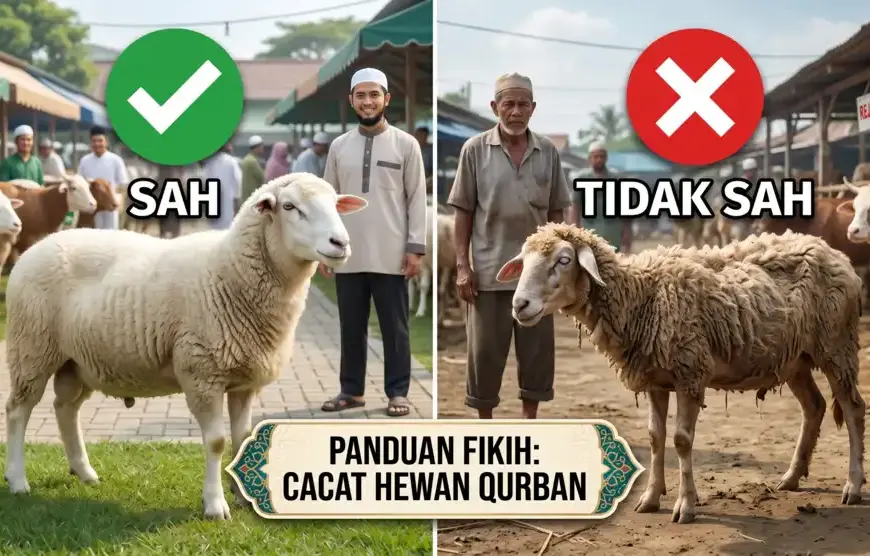 Kajian Fiqh Madzhab Syafi'i: Panduan Lengkap Hukum Islam, Doa, dan Tasawuf 11 Ilustrasi perbandingan visual antara domba sehat yang memenuhi syarat sah qurban dengan domba cacat, kurus, dan berpenyakit yang diharamkan menurut syariat Islam.