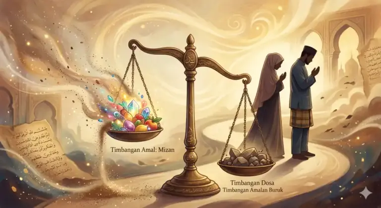 Ilustrasi timbangan Mizan kuningan dengan amal kebaikan yang hancur menjadi debu tertiup angin, latar belakang siluet Muslimah berhijab dan pria Muslim sedang berdoa.