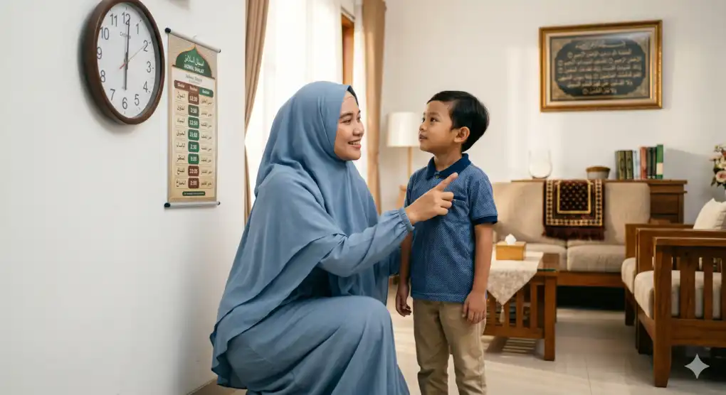 When Are Children Commanded and Disciplined for Prayer? 2 Image of a mother crouching to eye level with her 7-year-old son, lovingly giving verbal instructions about the obligatory prayer schedule.