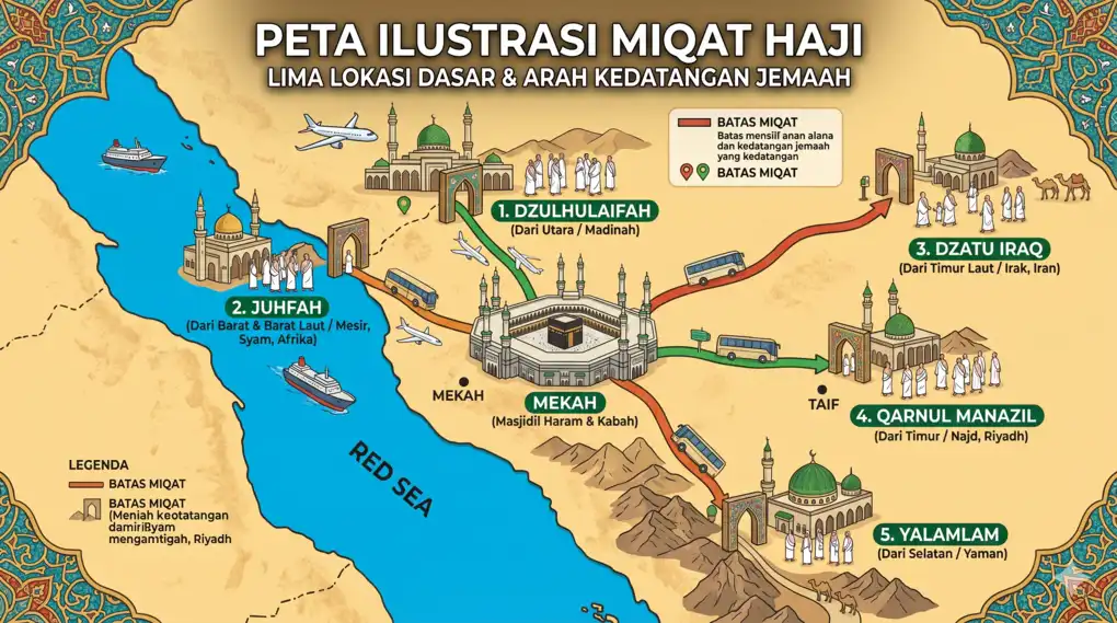 Peta visual yang menunjukkan lima titik batas miqat haji yaitu Dzulhulaifah, Juhfah, Dzatu Iraq, Qarnul Manazil, dan Yalamlam, beserta garis arah kedatangan jamaah menuju Makkah.