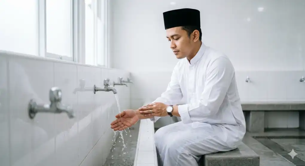 Pria Muslim berpeci putih sedang berwudhu di masjid sebagai persiapan shalat