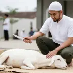 Illustration of the proper method of slaughtering a qurban goat or sheep according to the Shafi'i madhhab, showing the animal positioned on its left side.