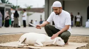 Ilustrasi tata cara menyembelih hewan qurban kambing sesuai madzhab Syafi'i: posisi dibaringkan ke sisi kiri menghadap kiblat
