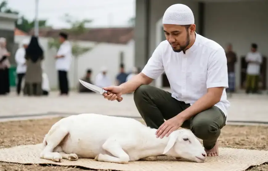 Ilustrasi tata cara menyembelih hewan qurban kambing sesuai madzhab Syafi'i: posisi dibaringkan ke sisi kiri menghadap kiblat