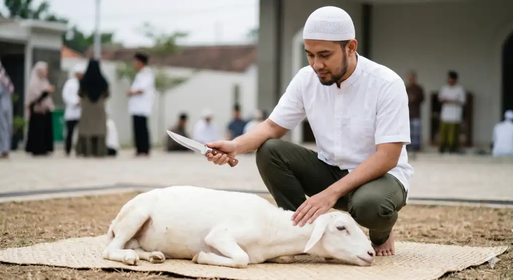 Ilustrasi tata cara menyembelih hewan qurban kambing sesuai madzhab Syafi'i: posisi dibaringkan ke sisi kiri menghadap kiblat
