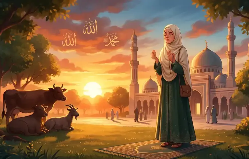 Kajian Fiqh Madzhab Syafi'i: Panduan Lengkap Hukum Islam, Doa, dan Tasawuf 23 Gambar ilustrasi yang menggambarkan rasa bakti seorang anak kepada orang tua yang telah wafat melalui niat ibadah qurban di hari raya Idul Adha, yang pelaksanaannya harus merujuk pada hukum fiqih.