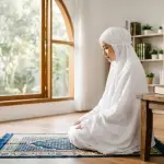 Illustration of a modestly dressed Muslim woman covering her awrah, preparing to perform the early prayer according to Shafi'i fiqh.