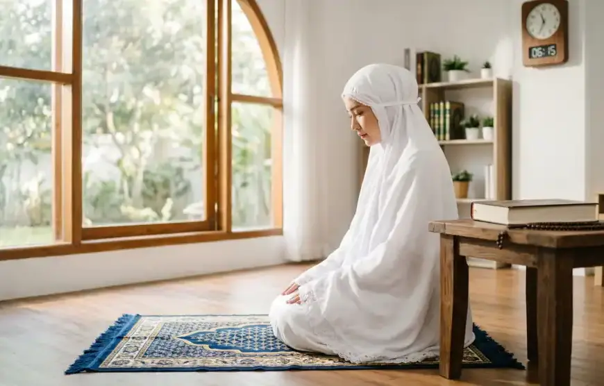 Illustration of a modestly dressed Muslim woman covering her awrah, preparing to perform the early prayer according to Shafi'i fiqh.