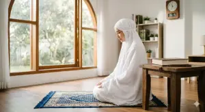 Kajian Fiqh Madzhab Syafi'i: Panduan Lengkap Hukum Islam, Doa, dan Tasawuf 5 Ilustrasi seorang Muslimah yang berpakaian rapi dan menutup aurat sedang bersiap menunaikan shalat di awal waktu sesuai panduan fikih Syafii.