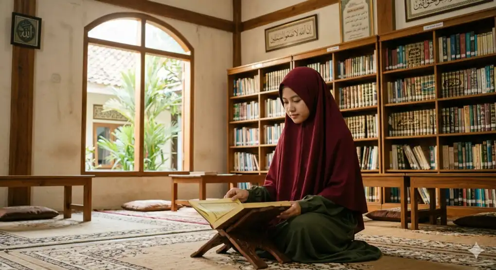 Potret teduh seorang santriwati berhijab syar'i yang sedang khusyuk mendalami kitab kuning fiqih di perpustakaan pesantren bernuansa Islami klasik