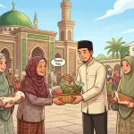 An Islamic illustration showing the direct handover of qurban meat and raw animal hides to the poor in a mosque courtyard, emphasizing the importance of transferring absolute ownership (tamlik).