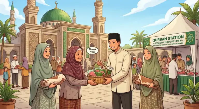 An Islamic illustration showing the direct handover of qurban meat and raw animal hides to the poor in a mosque courtyard, emphasizing the importance of transferring absolute ownership (tamlik).