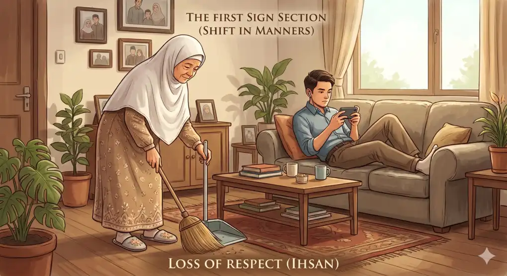 Hadith Jibril: Signs of the End Times Already Visible Before Our Eyes 3 Illustration of an elderly mother wearing a hijab sweeping the house, while her son is busy playing on his phone, ignoring her.