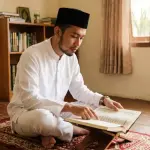 Neatly dressed Muslim solemnly reading the Quran without holding a phone