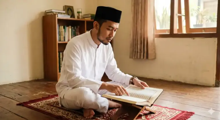 Neatly dressed Muslim solemnly reading the Quran without holding a phone