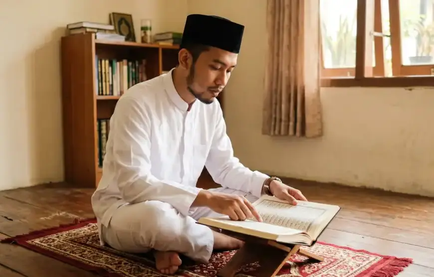 Neatly dressed Muslim solemnly reading the Quran without holding a phone