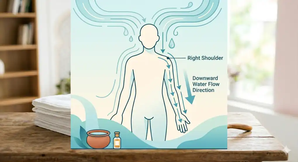 The Prophetic Sunnahs of Ghusl: A Complete Guide to the Correct Procedure 3 Clean vector infographic illustrating the major bath (ghusl) procedure with emphasis on the right body part.