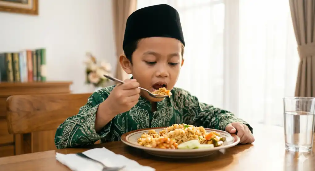 Kapan anak kecil diperintah dan dipukul karena shalat? 3 Ilustrasi anak laki-laki berpeci sedang makan dengan mandiri menggunakan tangan kanan di meja makan, merepresentasikan salah satu syarat tamyiz dalam fiqih sebelum anak diwajibkan belajar shalat.