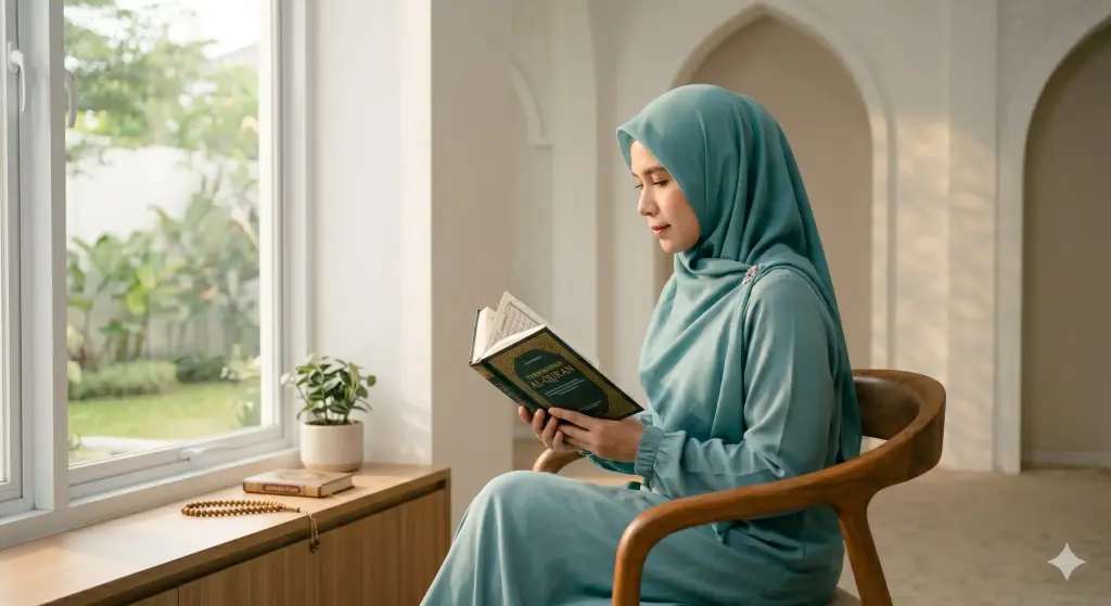 Syarat wajib shalat: Islam, Baligh, Berakal, dan Suci 3 Gambar pendukung yang fokus pada kesucian wanita sebagai syarat wajib shalat, menunjukkannya sedang dalam kondisi suci dari haid/nifas.