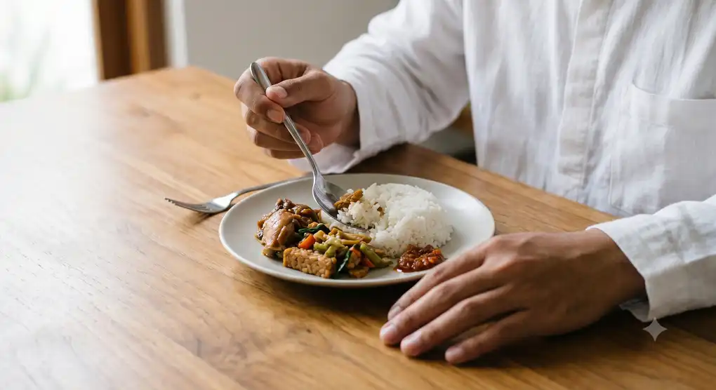 A Muslim man's hand holding a spoon over a simple dinner plate — illustration of eating luqam before prayer.