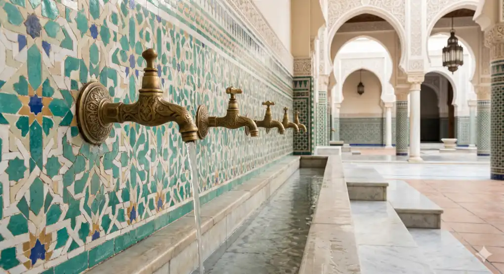 Ghusl Intention Timing: The Correct Time to Make Niyyah in Shafi'i Fiqh 4 Andalusian style mosque wudu area with brass faucets and teal zellige tiles, representing the purity of absolute water.