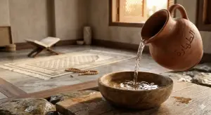 Shafi'i School of Jurisprudence: The Complete Guide to Islamic Law, Prayers, and Tasawuf 7 High-resolution 3D illustration representing the concept of thaharah in Islam, featuring absolute water flowing from a pitcher for purification before prayer.
