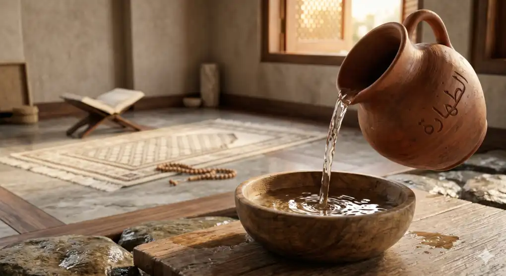 Thaharah: Complete Purification Guide According to Shafi'i Fiqh 1 High-resolution 3D illustration representing the concept of thaharah in Islam, featuring absolute water flowing from a pitcher for purification before prayer.