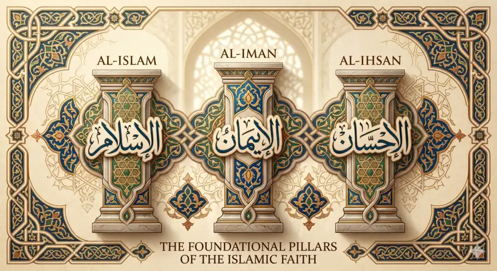 Hadith Jibril: Signs of the End Times Already Visible Before Our Eyes 2 Islamic geometric graphic design displaying the three main pillars of religion: Al-Islam, Al-Iman, and Al-Ihsan.