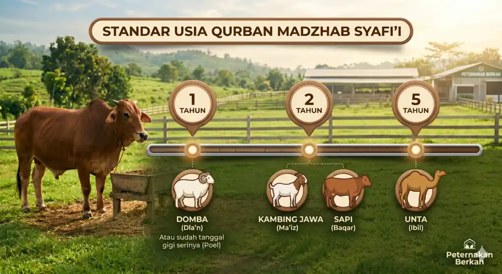 Syarat Hewan Qurban: Jenis & Umur Minimal Menurut Madzhab Syafi'i 3 Infografis informatif berbentuk timeline yang menjelaskan syarat umur minimal hewan qurban secara fiqih, mencakup domba (jadza'), sapi dan kambing (tsaniyy), serta unta.