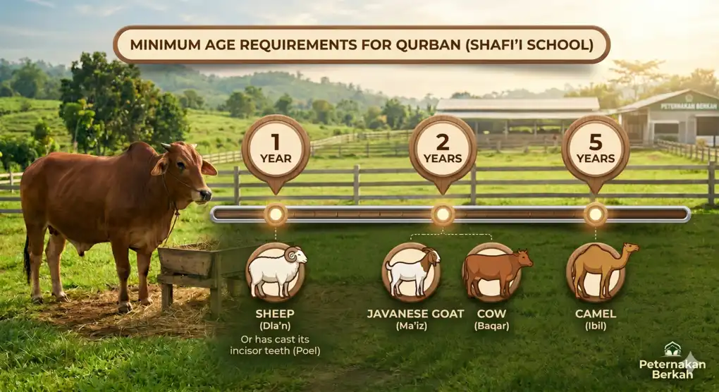Requirements for Sacrificial Animals: Types and Minimum Age According to the Shafi'i School of Thought 3 An informative timeline infographic explaining the minimum age requirements for Qurban animals in Islamic jurisprudence, covering sheep, cows, goats, and camels.
