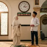 Ilustrasi realistis transisi masa baligh bagi remaja Muslim, menatap jam jadwal sholat digital di dalam masjid dengan cahaya matahari masuk dari jendela