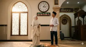 Ilustrasi realistis transisi masa baligh bagi remaja Muslim, menatap jam jadwal sholat digital di dalam masjid dengan cahaya matahari masuk dari jendela